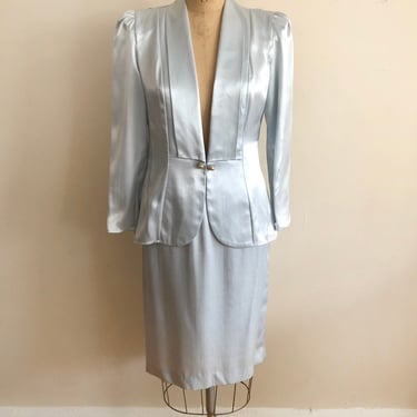 Pale Blue Satin Two-Piece Skirt Suit - 1980s 