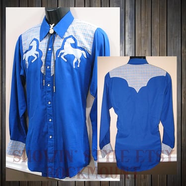 Rockmount Vintage Western Men's Cowboy Shirt, Rodeo Shirt, Electric Blue with Horse Appliques, Tag Size 15.5, Approx. Medium (see meas.) 