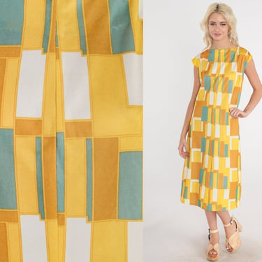 70s Mod Dress Yellow Midi Dress Geometric Checkered Rectangle Print Cap Sleeve A-Line Day Groovy Seventies Shift Vintage 1970s Medium M 