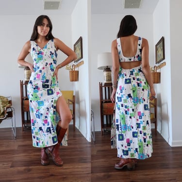 Vintage 60's 70's Geometric Shaped Patterned Open Back Maxi Dress 