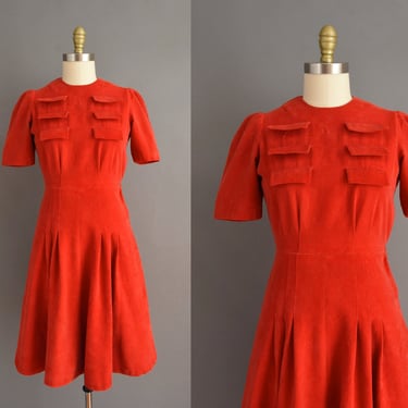 vintage 1940s dress | Candy Apple Red Corduroy Short Sleeve Holiday Dress | Small 