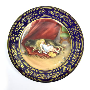 Royal Vienna Hand Painted Plate Little Girl Sleeping on Huge Wolfhound Dog 