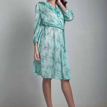 sheer green dress ruffled wrap aqua floral long sleeves belted vintage 70s v neck MEDIUM LARGE M L 