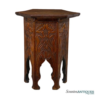Vintage Art Nouveau Walnut Carved Floral Plant Stand Pedestal Table