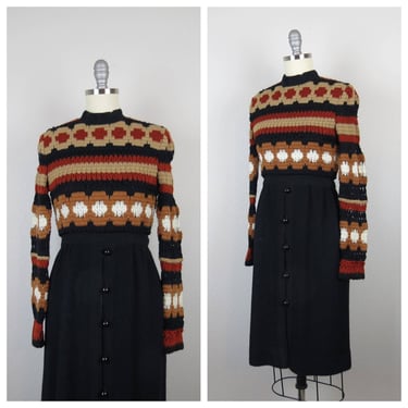 Vintage 1970s knit dress crochet mini mod button front skirt Saks Fifth Avenue 