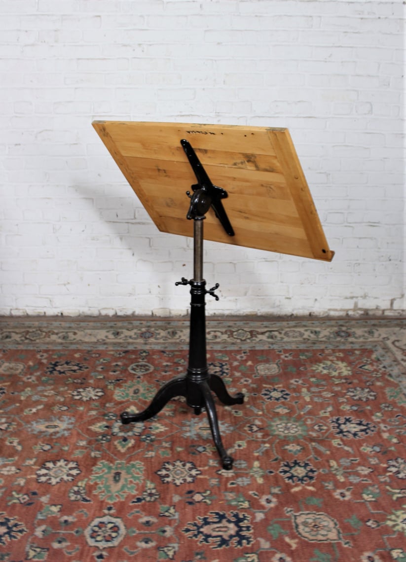 Antique Cast Iron Pedestal Base Drafting Table With Pine Top GR