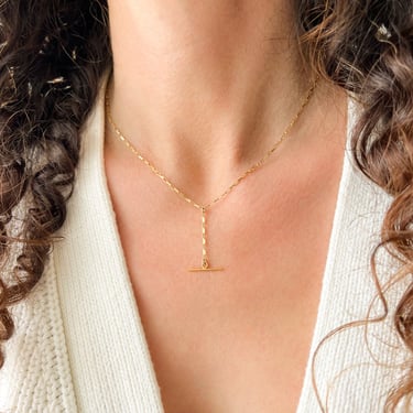 T Bar Necklace, Lariat Necklace, 14K Gold Filled Chain Necklace, Drop Bar Necklace, Toggle Necklace, Waterproof Necklace, Gift for Her 