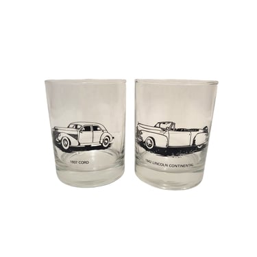 Vintage Classic Car Drink Glasses, Lincoln Continental Auburn Cord Rocks Cocktail Glass, Double Old Fashioned Barware Mid Century Modern Bar 