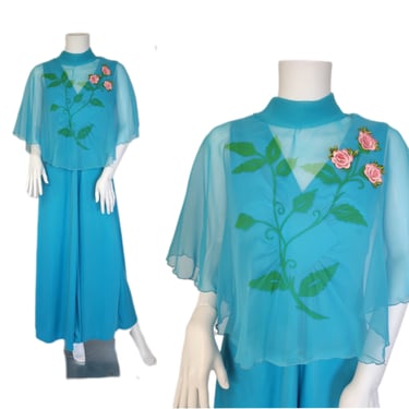 1970's Turquoise Blue Poly Maxi Dress Air Brushed Chiffon Cape I Sz Med 