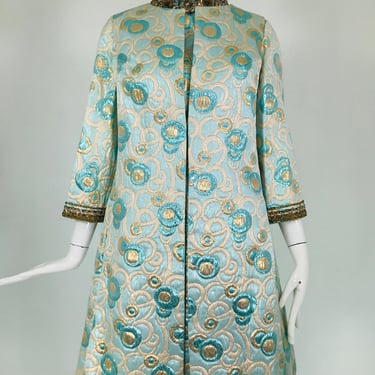 SOLD 1960s  Blue and Gold Metallic Deco Circles Jewel Neck Vest & Dress