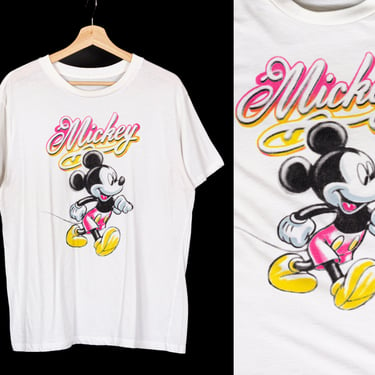 Y2K Mickey Mouse Airbrush T Shirt - Women's XL | Vintage White Disney Cartoon Graphic Tee 