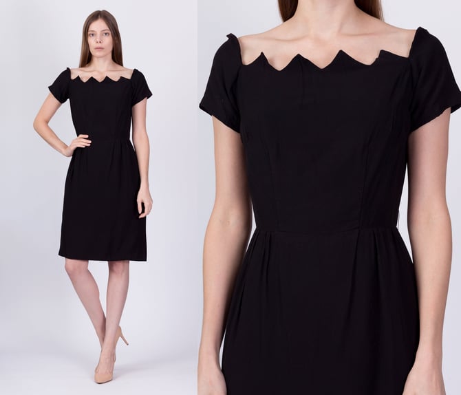 60s Black Zig Zag Scalloped Sheath Dress, As Is - Medium | Vintage Off Shoulder Cocktail Party Dress 