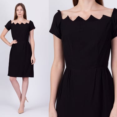 60s Black Zig Zag Scalloped Sheath Dress, As Is - Medium | Vintage Off Shoulder Cocktail Party Dress 
