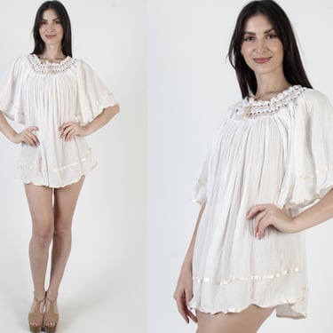 Kimono Sleeve Gauze Tunic, Thin Cream Crochet Dress, Mexican Lightweight Sheer Blouse 