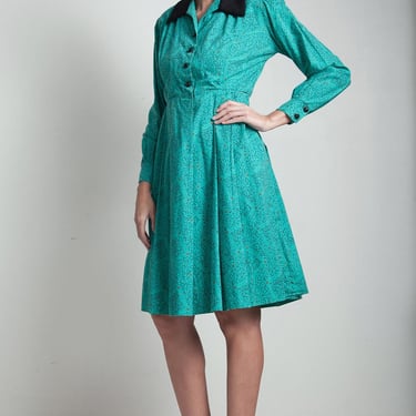 70s vintage green shirtwaist dress pleated geometric print long puff sleeve LARGE L 