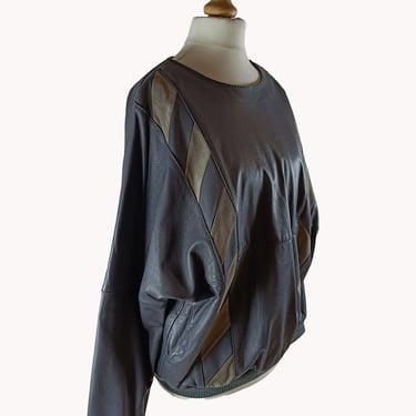 Nahkatikki 1980s Grey Leather Blouse Finnish Vintage Size M 