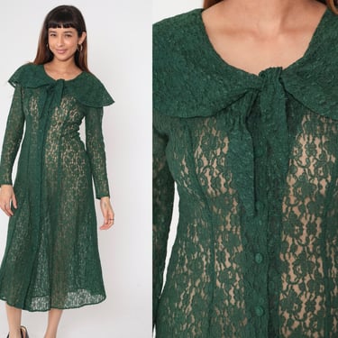 90s Green Lace Dress Sheer Midi Dress Button Up Party Peter Pan Collar Long Sleeve See Through Capelet Neck Tie Vintage 1990s Small S 