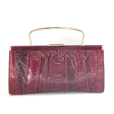 Vintage 70s Burgundy Red Snakeskin Clutch Bag, w/ Gilt Fold Out Handle 