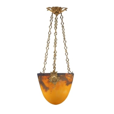 1920s French Art Deco Mottled Glass & Gilt Bronze Pendant Light by Muller Freres - Antique Chandelier Hanging Ceiling Lamp 