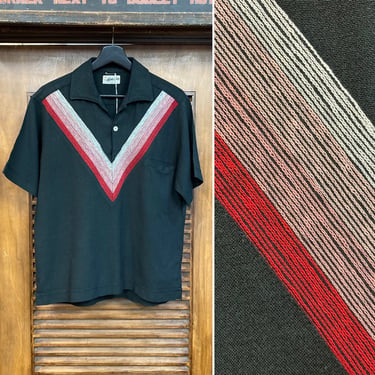 Vintage 1950’s V-Panel Black Background Rayon Blend Elvis Rockabilly Shirt, 50’s Embroidery, 50’s Pullover Shirt, Vintage Clothing 
