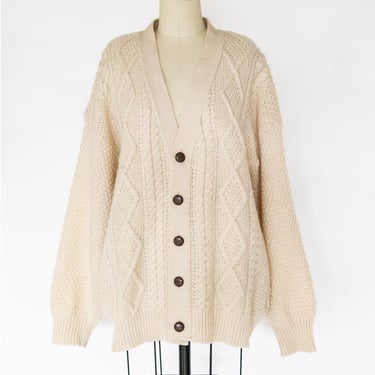 1980s Irish Wool Cardigan Fisherman Sweater Knit L 