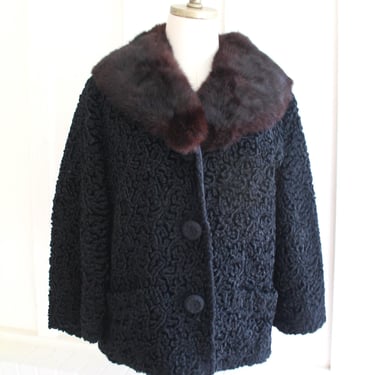 Fur Coat - 1950-60's - Persian Lamb - Mink Collar - Reto - Swing Coat - Cropped - Estimated M 8/10 