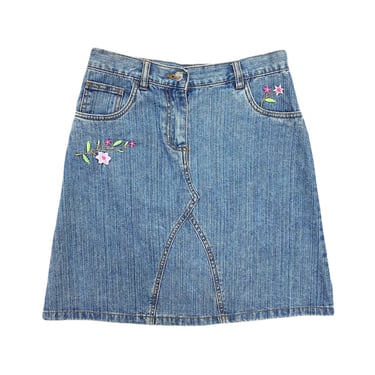 Denim mini skirt in blue with floral embroidery, Y2K - Small 