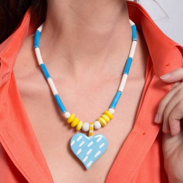 Deadstock Collectors' Piece - Vintage 80s Pastel Blue White Yellow Ceramic Heart Statement Necklace by Ruby Z 