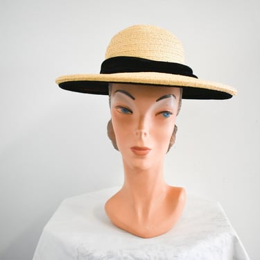 1950s/60s Christian Dior Straw Sun Hat with Black Velvet 