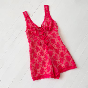 Vintage Hot Pink Lace Sheer Bodysuit 