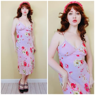 Y2K 90s Baby Pink Floral Bias Cut Dress / Vintage Sequin Lace Trim Fairy Dress / Size Small - Medium 