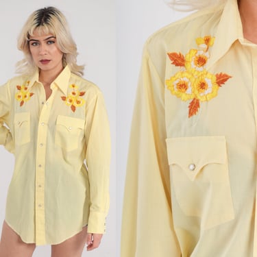 Embroidered Western Shirt 70s Yellow Pearl Snap Shirt Floral Embroidery Button up Flower Rodeo Cowboy Top Vintage 1970s Mens Large 16 33 