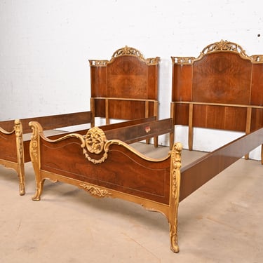 Antique French Provincial Louis XV Burled Walnut and Parcel Painted Twin Beds, Circa 1920s