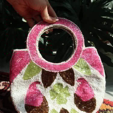 Vintage Beaded Round Handle Bag – Pink & Green Floral Paisley Statement Purse