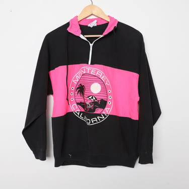 vintage tri-color MONTEREY, CALIFORNIA neon pink & black long sleeve HENLEY zipper sweatshirt/top -- size medium 