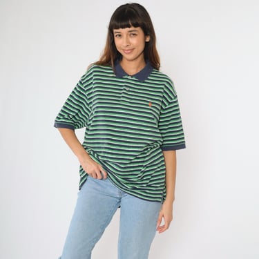 Polo Golf Shirt 90s Ralph Lauren White Navy Blue Striped