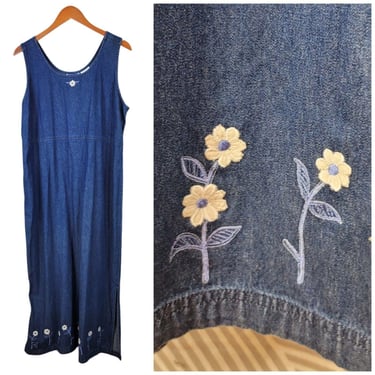 Vintage Denim Overall Dress Large blue jean Modest Long Maxi Floral Embroidered 