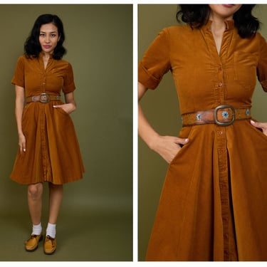 Vintage 1980s 80s does 50s Mustard Cotton Corduroy Fit & Flare Midi Dress w/ Circle Skirt and Pockets 