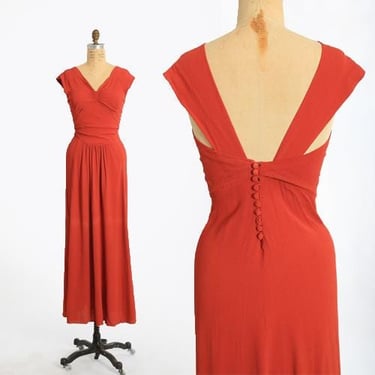 Vintage 40s burnt orange crepe low back maxi dress 