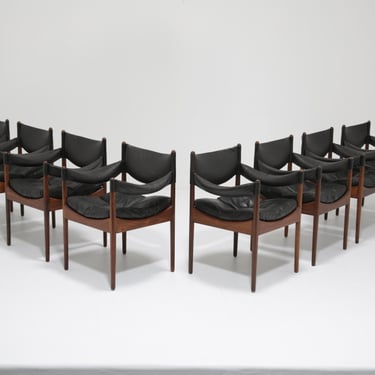 Vintage Set of 8 Rosewood and Black Leather Dining Chairs by Kristian Solmer Vedel, 1960s.