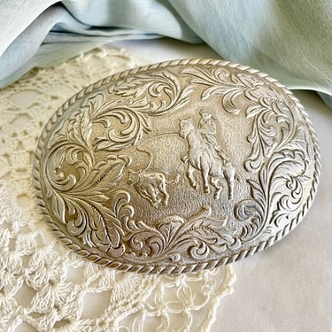 Vintage Rodeo Belt Buckle, Ornate Design, Rodeo Roping, Country Western, Silver Pewter Tone 