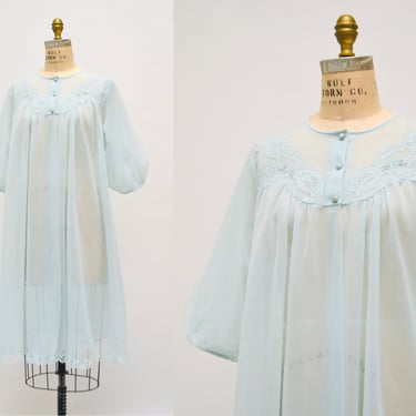 70s Vintage Peignoir Nightgown Size Medium pale Blue Wedding Honeymoon Robe // Vintage Sheer blue Robe Peignoir Lingerie Size Medium 