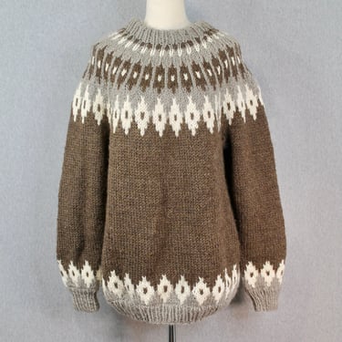 1960s 1970s Hand Knit Brown Ski Sweater - Wool Knit Sweater - Crew Neck - Oversized Sweater 