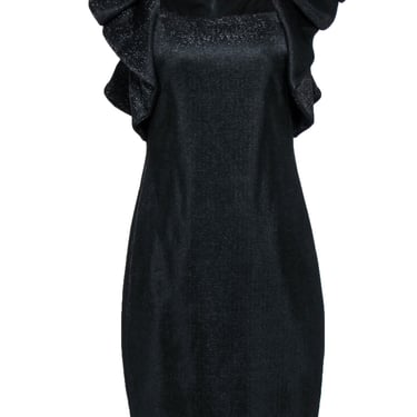 Badgley Mischka - Black Metallic Dress w/ Large Ruffle Shoulder Sz 8