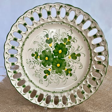 Large, Vintage Majolica Wall Plate, Pierced, Earthenware and Hand Painted - Green n Yellow Flower on White, Portugal, Willfred Studio Sadek 