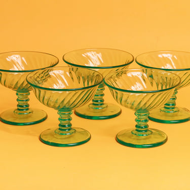 Set of 5 60s Teal Green Clear Glass Cups Vintage Cocktail Glasses Ice Cream Cups 