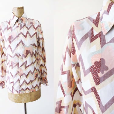 70s Patterned Chevron Button Up Small - Vintage 1970s Brown Pink Zigzag Geometric Long Sleeve Disco Shirt 
