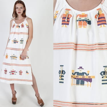 Guatemalan People Embroidered Dress / Vintage Traditional Mayan Village Print /  Side Slit Lounge Maxi Dress 