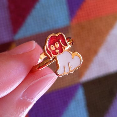 Adorable Novelty Vintage 70s 80s Dog Ring in Red & White 