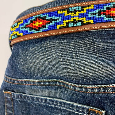 Southwestern Beaded Belt - Native American Inspired - Brown Leather - Loomed Glass Beadwork - WILSONS - Size 29 to 33 Inch Waist 